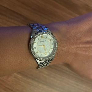 Bulova Silver Chain Link Watch with Crystals